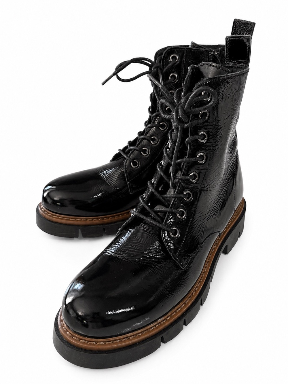 Ateliers Black Patent Leather Lace-Up Combat Boots.  Brown- Black sole. 7.5-8